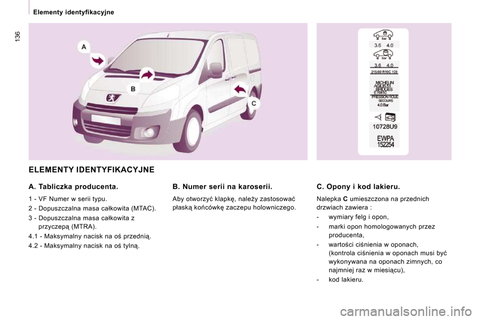 Peugeot Expert VU 2010  Instrukcja Obsługi (in Polish) �1�3�6
   Elementy  identyfikacyjne   
� �E�L�E�M�E�N�T�Y� �I�D�E�N�T�Y�F�I�K�A�C�Y�J�N�E� 
  A.  Tabliczka  producenta.  
� �1� �-� �V�F� �N�u�m�e�r� �w� �s�e�r�i�i� �t�y�p�u�.�  
� �2� �-� �D�o�p�u�