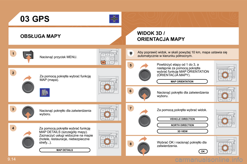 Peugeot Expert VU 2010  Instrukcja Obsługi (in Polish) 9.14 
�0�3
�1�1
�2�2
�3�3
�4�4
�6�6
�7�7
�8�8
�5�5
       GPS 
� �N�a�c�i�s�n"�ć� �p�r�z�y�c�i�s�k� �M�E�N�U�.� 
� �Z�a� �p�o�m�o�c"� �p�o�k�r�t�ł�a� �w�y�b�r�a�ć� �f�u�n�k�c�j� �M�A�P� �(�m�