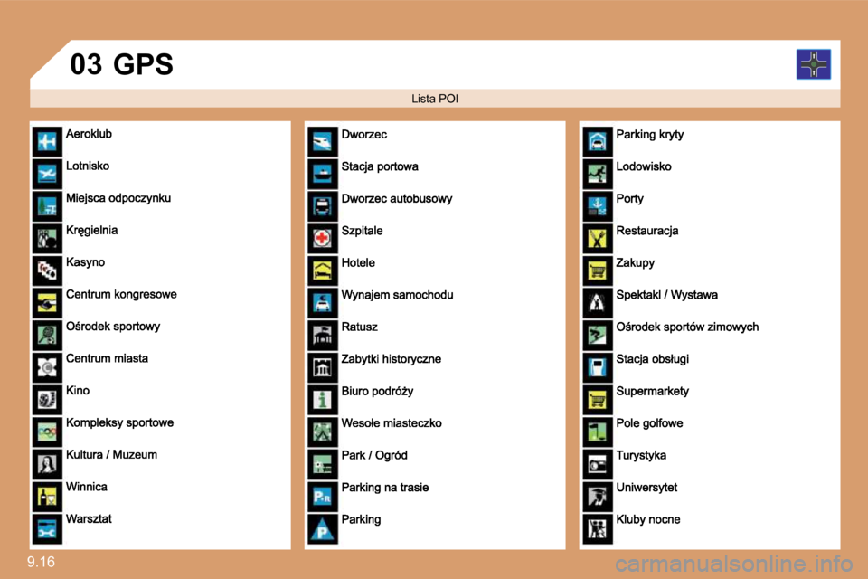 Peugeot Expert VU 2010  Instrukcja Obsługi (in Polish) 9.16 
�0�3
� � � �L�i�s�t�a� �P�O�I� � 
 GPS                               