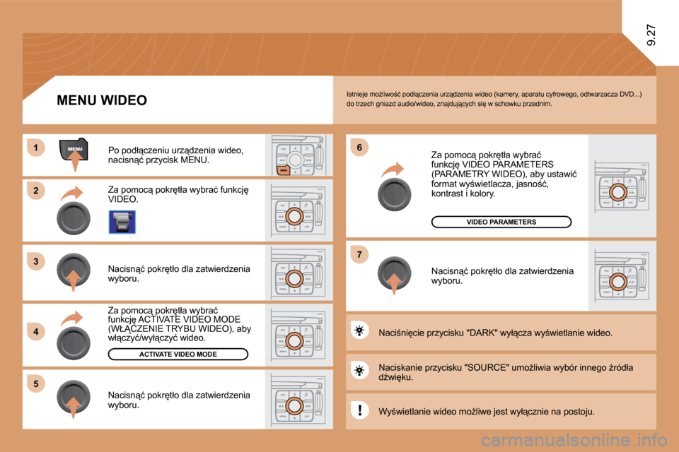 Peugeot Expert VU 2010  Instrukcja Obsługi (in Polish) �1�1
�2�2
�3�3
�4�4
�5�5
�6�6
�7�7
9.27
VIDEO PARAMETERS
ACTIVATE VIDEO MODE
� �I�s�t�n�i�e�j�e� �m�oG�l�i�w�o;�ć� �p�o�d�ł"�c�z�e�n�i�a� �u�r�z"�d�z�e�n�i�a� �w�i�d�e�o� �(�k�a�m�e�r�y�,� �a�p�