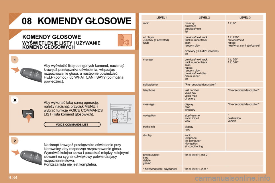 Peugeot Expert VU 2010  Instrukcja Obsługi (in Polish) 9.34 
�2�2
�1�1
�0�8
� �N�a�c�i�s�n"�ć� �k�r�a�w�dE� �p�r�z�e�ł"�c�z�n�i�k�a� �o;�w�i�e�t�l�e�n�i�a� �p�r�z�y� �k�i�e�r�o�w�n�i�c�y�,� �a�b�y� �r�o�z�p�o�c�z"�ć� �r�o�z�p�o�z�n�a�w�a�n�i�e� 