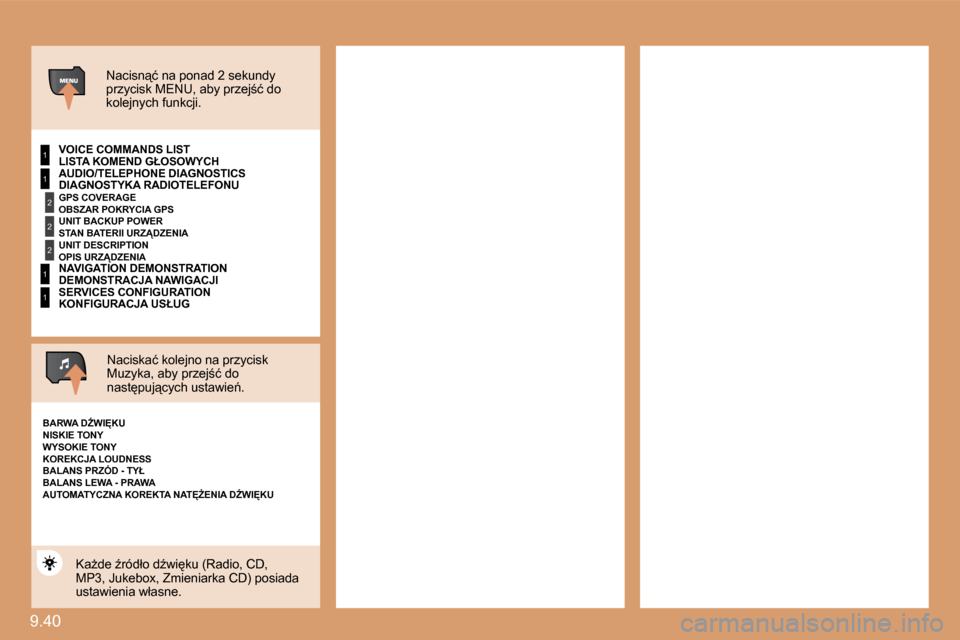 Peugeot Expert VU 2010  Instrukcja Obsługi (in Polish) �9�.�4�0� 
1
2
2
2
1
1
1
� � �N�a�c�i�s�n"�ć� �n�a� �p�o�n�a�d� �2� �s�e�k�u�n�d�y� �p�r�z�y�c�i�s�k� �M�E�N�U�,� �a�b�y� �p�r�z�e�j;�ć� �d�o� �k�o�l�e�j�n�y�c�h� �f�u�n�k�c�j�i�.� � � 
� � �L�I�S