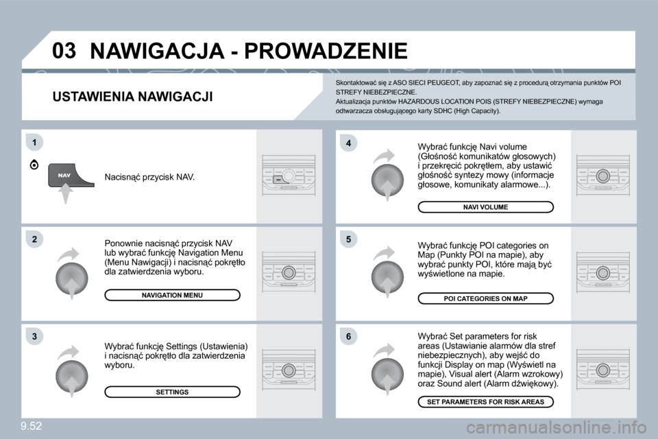 Peugeot Expert VU 2010  Instrukcja Obsługi (in Polish) 9.52
�0�3
�6
�4
�5
�1
�2
�3
� � �U�S�T�A�W�I�E�N�I�A� �N�A�W�I�G�A�C�J�I� 
� �W�y�b�r�a�ć� �f�u�n�k�c�j� �N�a�v�i� �v�o�l�u�m�e� �(�G�ł�o;�n�o;�ć� �k�o�m�u�n�i�k�a�t�ó�w� �g�ł�o�s�o�w�y�c�h�)