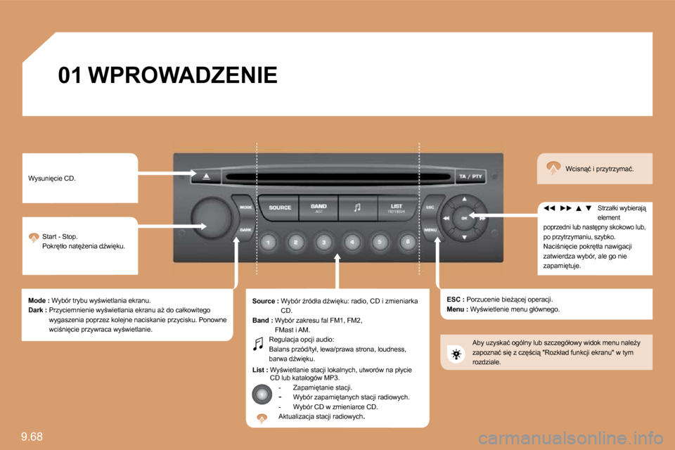Peugeot Expert VU 2010  Instrukcja Obsługi (in Polish) 9.68 
�0�1� �W�P�R�O�W�A�D�Z�E�N�I�E� 
�W�y�s�u�n�i�c�i�e� �C�D�.� 
� �S�t�a�r�t� �-� �S�t�o�p�.� � �P�o�k�r�t�ł�o� �n�a�tG�e�n�i�a� �dE�w�i�k�u�.� 
� � �M�o�d�e� �:� � �W�y�b�ó�r� �t�r�y�