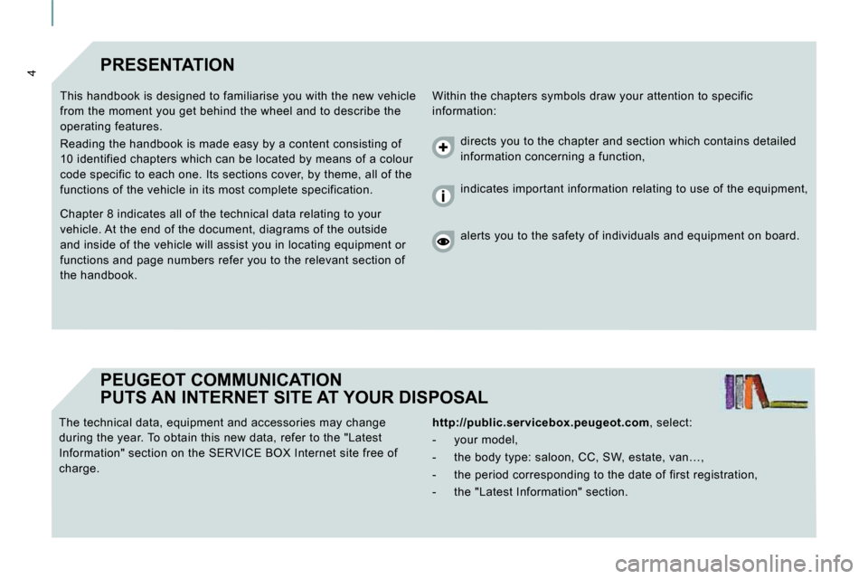 Peugeot Expert VU 2009  Owners Manual 4 PRESENTATION 
 Within the chapters symbols draw your attention to specific 
information: 
 This handbook is designed to familiarise you with 
the new vehicle 
from the moment you get behind the whee