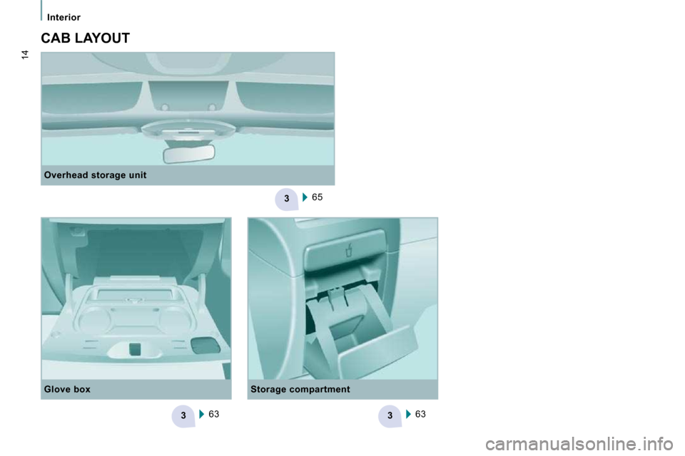 Peugeot Expert VU 2009 User Guide 3
33
   Interior   
14
  Overhead storage unit  
65   
  CAB LAYOUT 
  Glove box 
 
63     
63    
  Storage compartment     