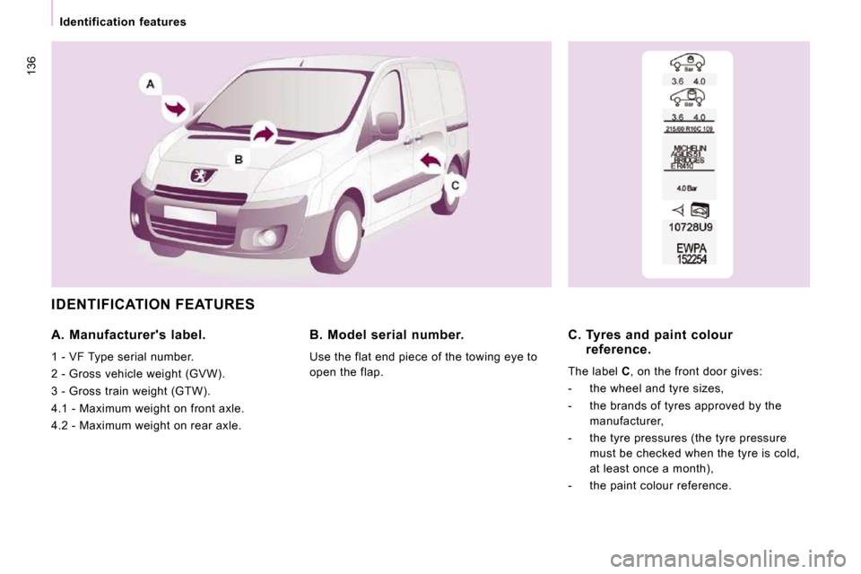 Peugeot Expert VU 2009  Owners Manual 136
   Identification  features   
 IDENTIFICATION FEATURES 
  A.  Manufacturers  label.  
 1 - VF Type serial number.  
 2 - Gross vehicle weight (GVW). 
 3 - Gross train weight (GTW). 
 4.1 - Maxim