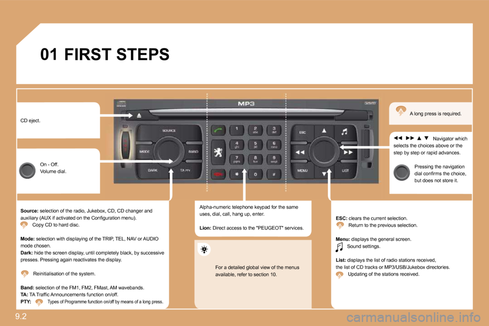 Peugeot Expert VU 2009  Owners Manual 9.2 
01 FIRST STEPS 
 CD eject. 
 On - Off.  Volume dial. 
� � �S�o�u�r�c�e�:� � �s�e�l�e�c�t�i�o�n� �o�f� �t�h�e� �r�a�d�i�o�,� �J�u�k�e�b�o�x�,� �C�D�,� �C�D� �c�h�a�n�g�e�r� �a�n�d� �a�u�x�i�l�i�a�