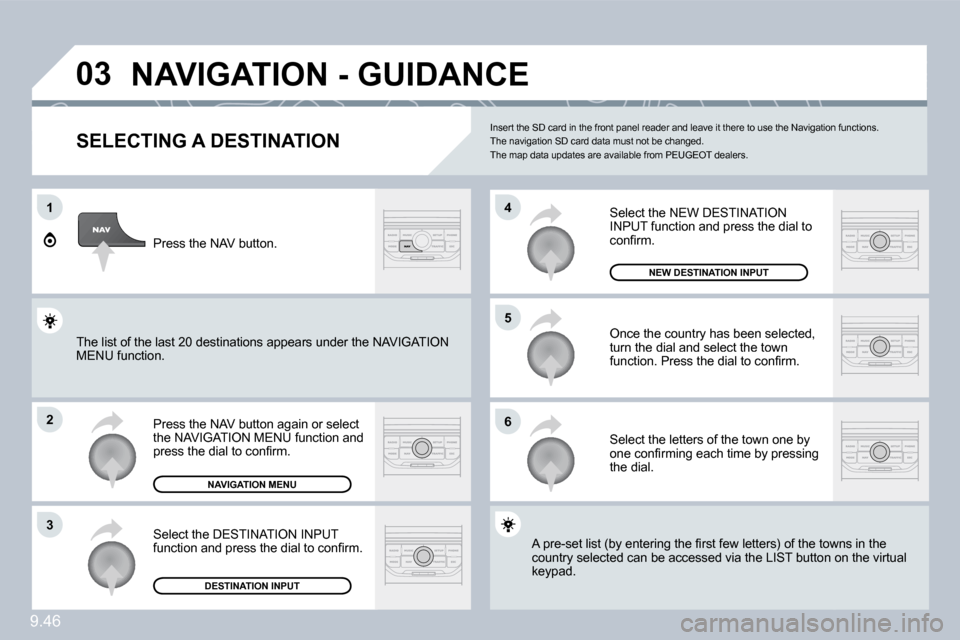 Peugeot Expert VU 2009  Owners Manual 9.46
�0�3
1
�2
�3
�6
�5
�4
� �N�A�V�I�G�A�T�I�O�N� �-� �G�U�I�D�A�N�C�E� 
  SELECTING A DESTINATION 
� �P�r�e�s�s� �t�h�e� �N�A�V� �b�u�t�t�o�n� �a�g�a�i�n� �o�r� �s�e�l�e�c�t� �t�h�e� �N�A�V�I�G�A�T�
