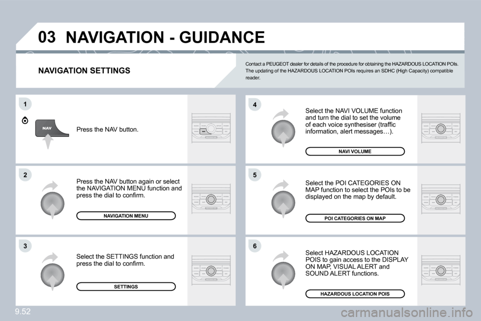 Peugeot Expert VU 2009  Owners Manual 9.52
�0�3
�6
�4
�5
1
�2
�3
� � �N�A�V�I�G�A�T�I�O�N� �S�E�T�T�I�N�G�S� 
� �S�e�l�e�c�t� �t�h�e� �N�A�V�I� �V�O�L�U�M�E� �f�u�n�c�t�i�o�n� and turn the dial to set the volume �o�f� �e�a�c�h� �v�o�i�c�e