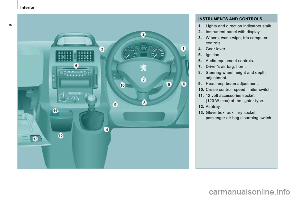 Peugeot Expert VU 2009  Owners Manual    Interior   
8
   INSTRUMENTS AND CONTROLS  
   
1.    Lights and direction indicators stalk. 
  
2.    Instrument panel with display. 
  
3.    Wipers, wash-wipe, trip computer 
controls. 
  
4.   