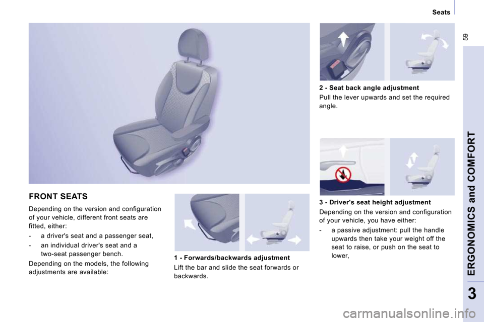 Peugeot Expert VU 2009  Owners Manual  59
      Seats      
ERGONOMICS and COMFORT
3
 FRONT SEATS 
 Depending on the version and configuration  
of your vehicle, different front seats are 
fitted, either:  
   -   a drivers seat and a pa