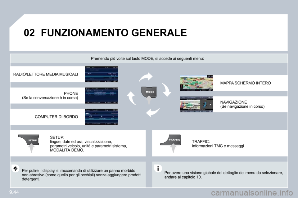 Peugeot Expert VU 2009  Manuale del proprietario (in Italian) 9.44
�0�2 FUNZIONAMENTO GENERALE 
� �P�e�r� �a�v�e�r�e� �u�n�a� �v�i�s�i�o�n�e� �g�l�o�b�a�l�e� �d�e�l� �d�e�t�t�a�g�l�i�o� �d�e�i� �m�e�n�u� �d�a� �s�e�l�e�z�i�o�n�a�r�e�,� �a�n�d�a�r�e� �a�l� �c�a�p
