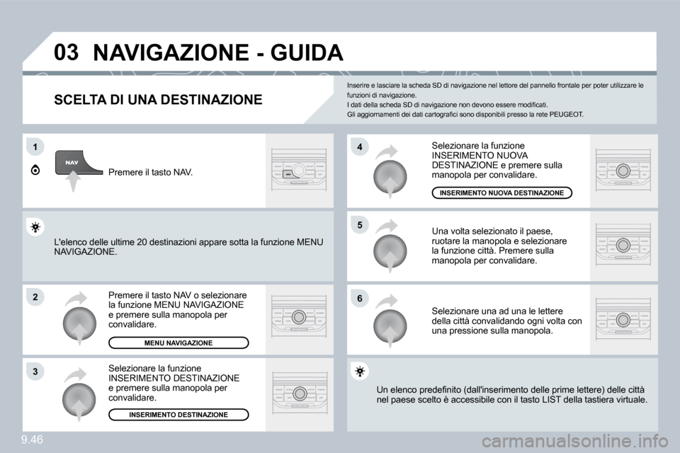 Peugeot Expert VU 2009  Manuale del proprietario (in Italian) 9.46
�0�3
1
�2
�3
�6
�5
�4
� �N�A�V�I�G�A�Z�I�O�N�E� �-� �G�U�I�D�A� 
  SCELTA DI UNA DESTINAZIONE 
� �P�r�e�m�e�r�e� �i�l� �t�a�s�t�o� �N�A�V� �o� �s�e�l�e�z�i�o�n�a�r�e� �l�a� �f�u�n�z�i�o�n�e� �M�E