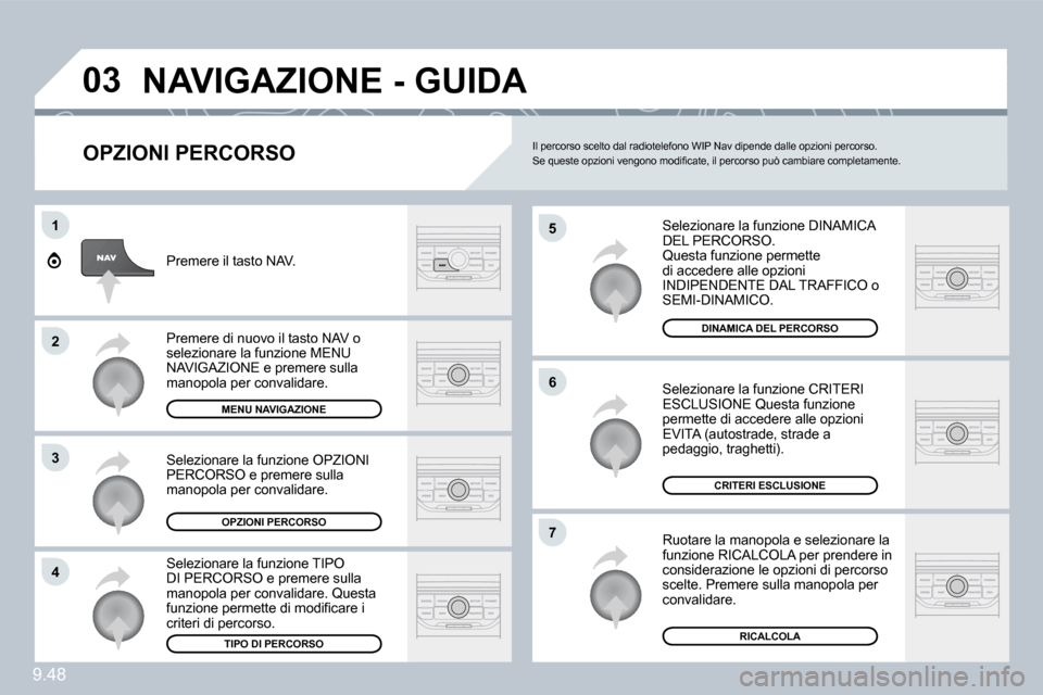 Peugeot Expert VU 2009  Manuale del proprietario (in Italian) 9.48
�0�3
�5
�6
�7
1
�2
�3
�4
� �N�A�V�I�G�A�Z�I�O�N�E� �-� �G�U�I�D�A� 
  OPZIONI PERCORSO 
� �S�e�l�e�z�i�o�n�a�r�e� �l�a� �f�u�n�z�i�o�n�e� �D�I�N�A�M�I�C�A� �D�E�L� �P�E�R�C�O�R�S�O�.� � �Q�u�e�s�