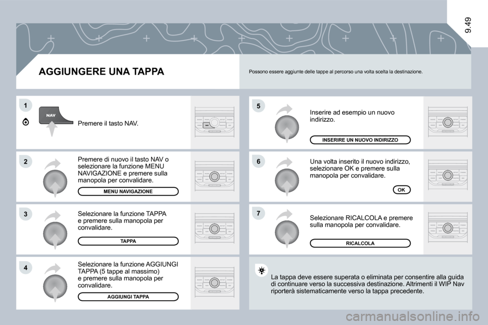 Peugeot Expert VU 2009  Manuale del proprietario (in Italian) �5
�6
�7
1
�2
�3
�4
9.49
  AGGIUNGERE UNA TAPPA 
� �I�n�s�e�r�i�r�e� �a�d� �e�s�e�m�p�i�o� �u�n� �n�u�o�v�o� �i�n�d�i�r�i�z�z�o�.� 
� �U�n�a� �v�o�l�t�a� �i�n�s�e�r�i�t�o� �i�l� �n�u�o�v�o� �i�n�d�i�r