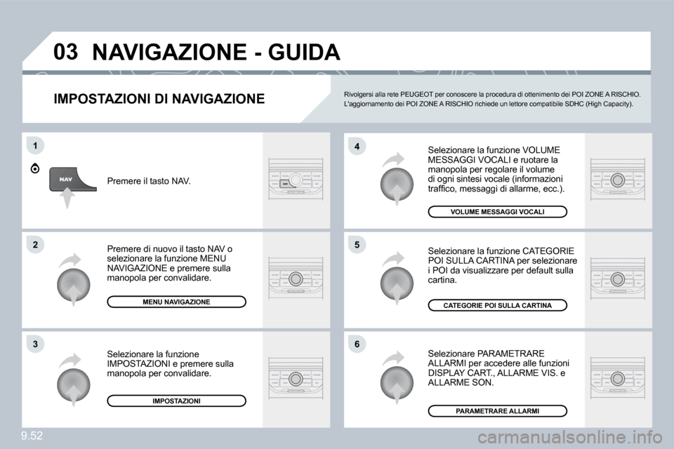 Peugeot Expert VU 2009  Manuale del proprietario (in Italian) 9.52
�0�3
�6
�4
�5
1
�2
�3
� � �I�M�P�O�S�T�A�Z�I�O�N�I� �D�I� �N�A�V�I�G�A�Z�I�O�N�E� 
� �S�e�l�e�z�i�o�n�a�r�e� �l�a� �f�u�n�z�i�o�n�e� �V�O�L�U�M�E� �M�E�S�S�A�G�G�I� �V�O�C�A�L�I� �e� �r�u�o�t�a�r