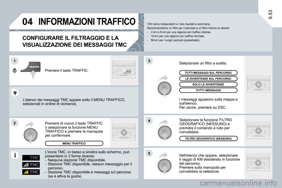 Peugeot Expert VU 2009  Manuale del proprietario (in Italian) �0�4
1
�2
�5
�4
�3
�9�.�5�3
 INFORMAZIONI TRAFFICO 
  CONFIGURARE IL FILTRAGGIO E LA 
�V�I�S�U�A�L�I�Z�Z�A�Z�I�O�N�E� �D�E�I� �M�E�S�S�A�G�G�I� �T�M�C� 
� �N�e�l�l��e�l�e�n�c�o� �c�h�e� �a�p�p�a�r�e�