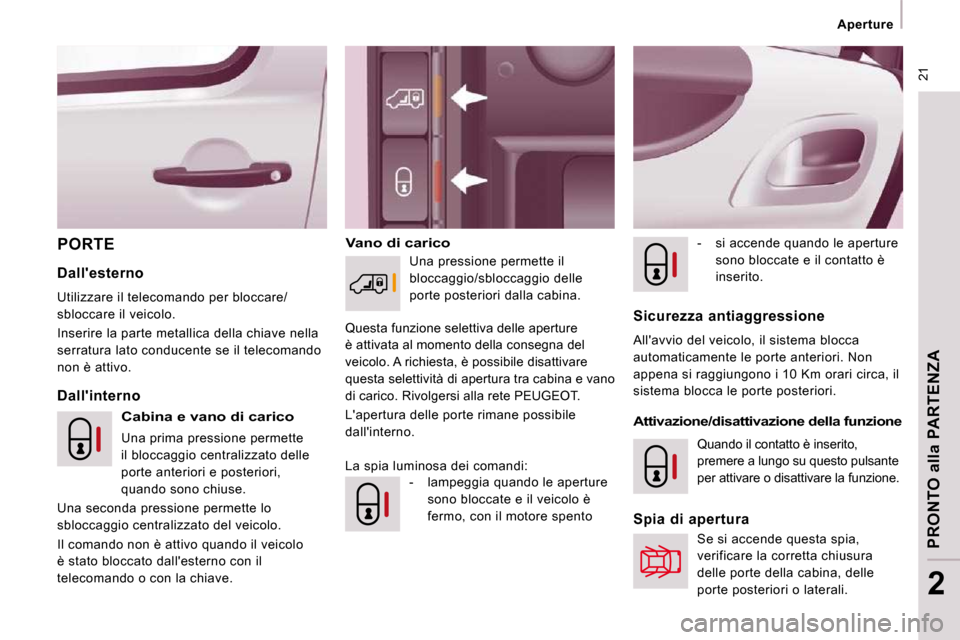 Peugeot Expert VU 2009 Manuale del proprietario (in Italian) 21
Aperture
PRONTO alla PARTENZA
2
PORTE Vano di carico - si accende quando le aperture sono bloccate e il contatto è
inserito.
Dallinterno
Dallesterno
Utilizzare il t Peugeot Expert VU 2009 Manuale del proprietario (in Italian) 21
Aperture
PRONTO alla PARTENZA
2
PORTE Vano di carico - si accende quando le aperture sono bloccate e il contatto è
inserito.
Dallinterno
Dallesterno
Utilizzare il t