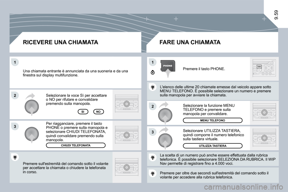 Peugeot Expert VU 2009  Manuale del proprietario (in Italian) �2
�3
11
�2
�3
9.59
� �P�r�e�m�e�r�e� �s�u�l�l��e�s�t�r�e�m�i�t�à� �d�e�l� �c�o�m�a�n�d�o� �s�o�t�t�o� �i�l� �v�o�l�a�n�t�e� �p�e�r� �a�c�c�e�t�t�a�r�e� �l�a� �c�h�i�a�m�a�t�a� �o� �c�h�i�u�d�e�r�e�