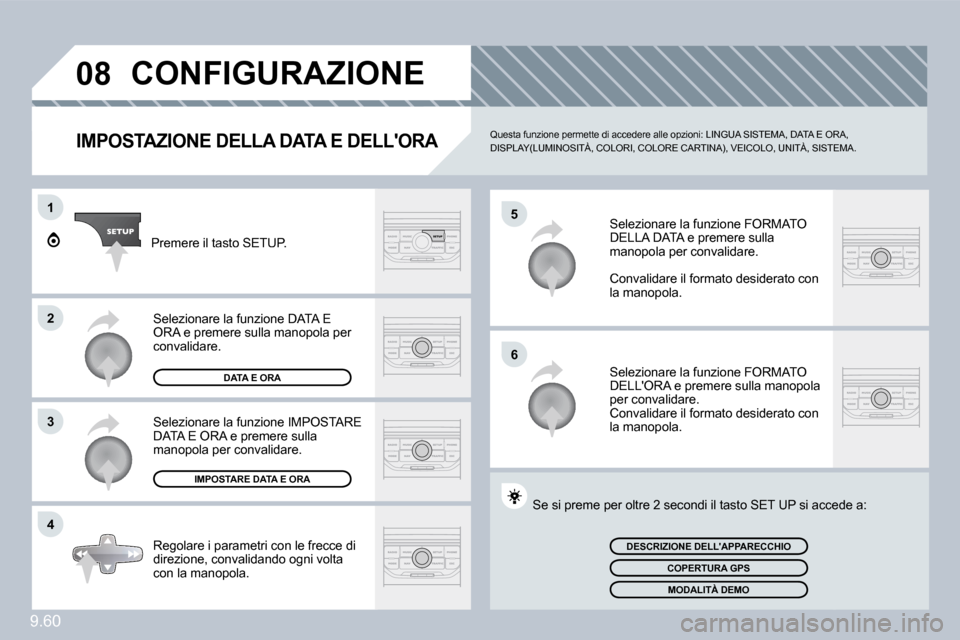 Peugeot Expert VU 2009  Manuale del proprietario (in Italian) �9�.�6�0
�0�8
�5
�6
1
�2
�3
�4
 CONFIGURAZIONE 
  IMPOSTAZIONE DELLA DATA E DELLORA � �Q�u�e�s�t�a� �f�u�n�z�i�o�n�e� �p�e�r�m�e�t�t�e� �d�i� �a�c�c�e�d�e�r�e� �a�l�l�e� �o�p�z�i�o�n�i�:� �L�I�N�G�U�