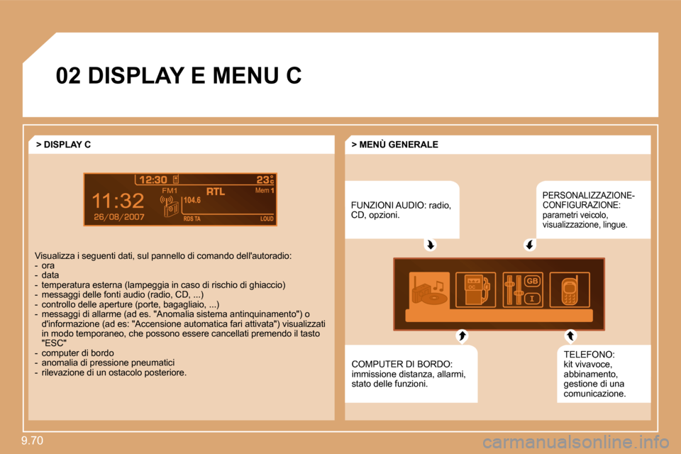 Peugeot Expert VU 2009  Manuale del proprietario (in Italian) �9�.�7�0� 
7
�0�2 DISPLAY E MENU C 
� �F�U�N�Z�I�O�N�I� �A�U�D�I�O�:� �r�a�d�i�o�,� �C�D�,� �o�p�z�i�o�n�i�.� 
� �P�E�R�S�O�N�A�L�I�Z�Z�A�Z�I�O�N�E�-�C�O�N�F�I�G�U�R�A�Z�I�O�N�E�:� �p�a�r�a�m�e�t�r�i�