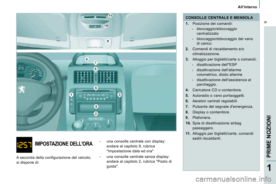 Peugeot Expert VU 2009  Manuale del proprietario (in Italian)  9
   Allinterno   
PRIME NOZIONI
1
  CONSOLLE CENTRALE E MENSOLA  
   
1.    Posizione dei comandi: 
   -   bloccaggio/sbloccaggio  centralizzato 
  -   bloccaggio/sbloccaggio del vano  di carico.  