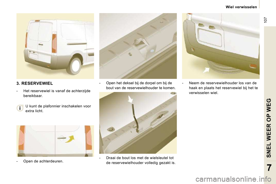 Peugeot Expert VU 2009 Handleiding (in Dutch) 107
Wiel verwisselen
SNEL WEER OP WEG
7
- Open het deksel bij de dorpel om bij de bout van de reservewielhouder te komen.
- Draai de bout los met de wielsleutel tot de reservewielhou Peugeot Expert VU 2009 Handleiding (in Dutch) 107
Wiel verwisselen
SNEL WEER OP WEG
7
- Open het deksel bij de dorpel om bij de bout van de reservewielhouder te komen.
- Draai de bout los met de wielsleutel tot de reservewielhou
