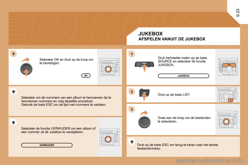 Peugeot Expert VU 2009  Handleiding (in Dutch) �8�8
�2�2
�3�3
1
9.23
�V�E�R�W�I�J�D�E�R
OK
 Druk herhaalde malen op de toets SOURCE en selecteer de functie JUKEBOX. 
 Druk op de toets LIST. 
 Draai aan de knop om de bestanden te selecteren. 
 Druk