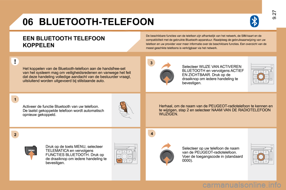 Peugeot Expert VU 2009  Handleiding (in Dutch) �3�3
�2�2
11
44
�0�6
 De beschikbare functies van de telefoon zijn afhankelijk van het netwerk, de SIM-kaart en de compatibiliteit met de gebruikte Bluetooth-apparatu ur. Raadpleeg de gebruiksaanwijzi