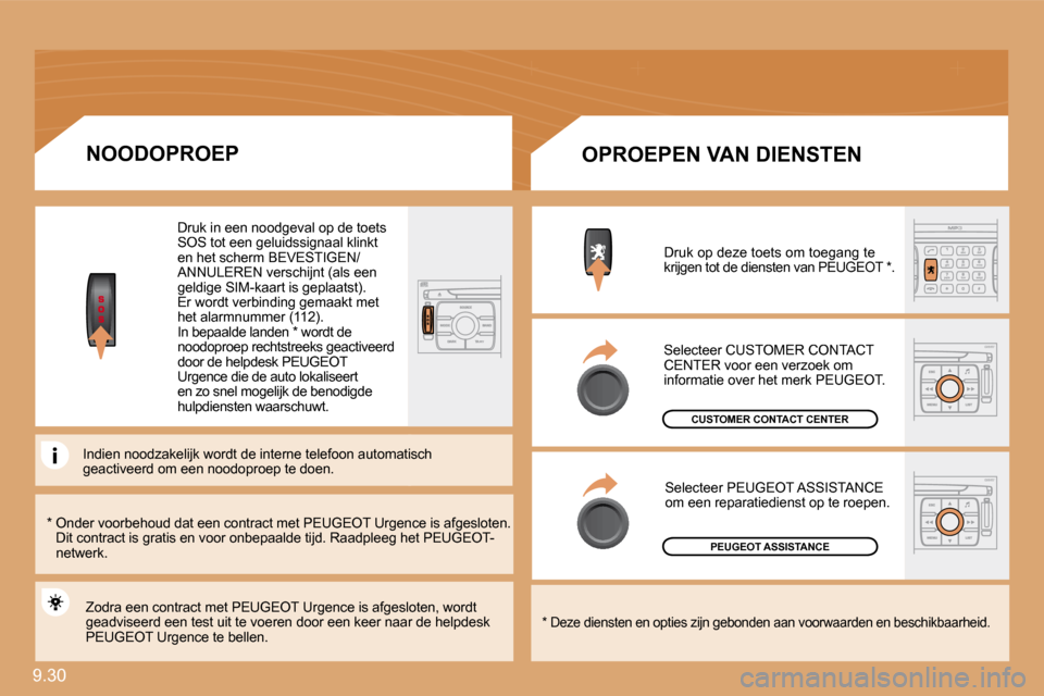 Peugeot Expert VU 2009  Handleiding (in Dutch) 9.30 
PEUGEOT ASSISTANCE
CUSTOMER CONTACT CENTER
  *    Onder voorbehoud dat een contract met PEUGEOT Urgence is afgesloten. Dit contract is gratis en voor onbepaalde tijd. Raadpleeg het PEUGEOT-netwe