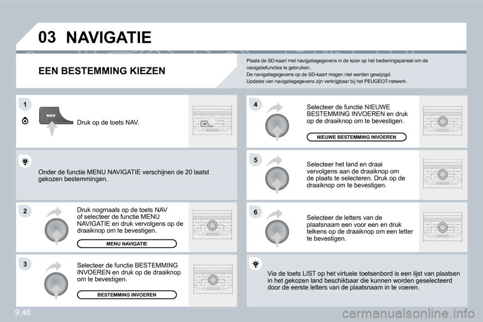 Peugeot Expert VU 2009  Handleiding (in Dutch) 9.46
�0�3
1
�2
�3
�6
�5
4
� �N�A�V�I�G�A�T�I�E� 
  EEN BESTEMMING KIEZEN 
 Druk nogmaals op de toets NAV of selecteer de functie MENU NAVIGATIE en druk vervolgens op de draaiknop om te bevestigen. 
 S