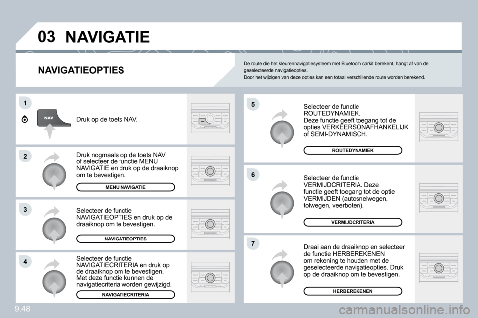 Peugeot Expert VU 2009  Handleiding (in Dutch) 9.48
�0�3
�5
�6
�7
1
�2
�3
4
� �N�A�V�I�G�A�T�I�E� 
� � �N�A�V�I�G�A�T�I�E�O�P�T�I�E�S� 
 Selecteer de functie ROUTEDYNAMIEK.  Deze functie geeft toegang tot de opties VERKEERSONAFHANKELIJK of SEMI-DY