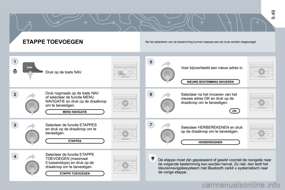 Peugeot Expert VU 2009  Handleiding (in Dutch) �5
�6
�7
1
�2
�3
4
9.49
� � �E�T�A�P�P�E� �T�O�E�V�O�E�G�E�N� 
 Voer bijvoorbeeld een nieuw adres in. 
 Selecteer na het invoeren van het nieuwe adres OK en druk op de draaiknop om te bevestigen. 
 Se