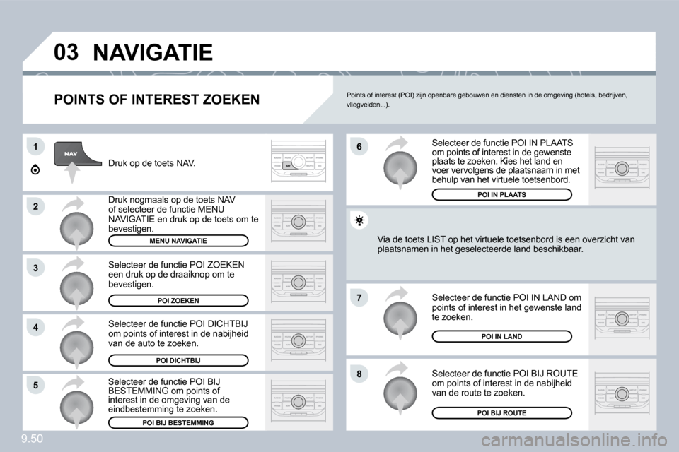 Peugeot Expert VU 2009  Handleiding (in Dutch) 9.50
�0�3
1
�2
�3
4
�7
�8�5
�6
� �N�A�V�I�G�A�T�I�E� 
  POINTS OF INTEREST ZOEKEN 
 Druk op de toets NAV. 
 Druk nogmaals op de toets NAV of selecteer de functie MENU NAVIGATIE en druk op de toets om 