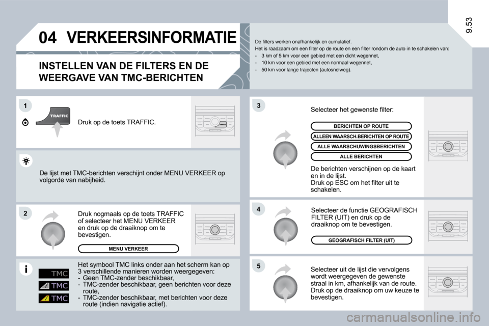 Peugeot Expert VU 2009  Handleiding (in Dutch) 04
1
�2
�5
4
�3
9.53
� �V�E�R�K�E�E�R�S�I�N�F�O�R�M�A�T�I�E� 
� � �I�N�S�T�E�L�L�E�N� �V�A�N� �D�E� �F�I�L�T�E�R�S� �E�N� �D�E� 
�W�E�E�R�G�A�V�E� �V�A�N� �T�M�C�-�B�E�R�I�C�H�T�E�N� 
 Selecteer uit d
