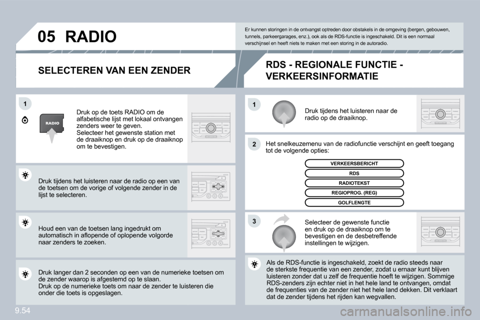 Peugeot Expert VU 2009  Handleiding (in Dutch) 9.54
11
�2
�3
�0�5
� � �S�E�L�E�C�T�E�R�E�N� �V�A�N� �E�E�N� �Z�E�N�D�E�R� 
 Druk tijdens het luisteren naar de radio op de draaiknop. 
 Het snelkeuzemenu van de radiofunctie verschijnt en ge en geeft