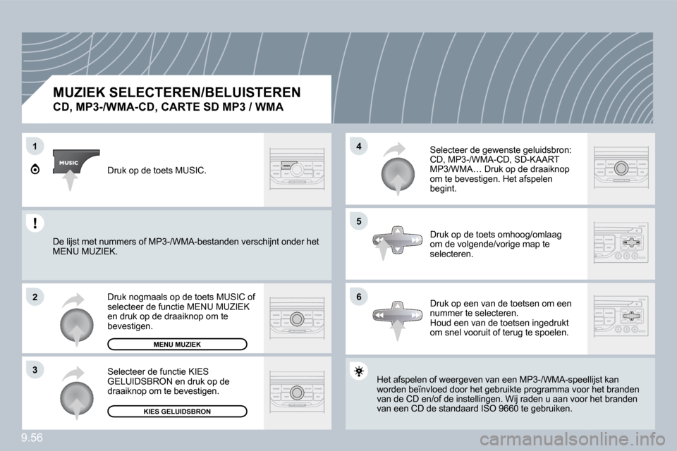 Peugeot Expert VU 2009  Handleiding (in Dutch) 9.56
1
�2
�3
�5
4
�6
  MUZIEK SELECTEREN/BELUISTEREN  
�C�D�,� �M�P�3�-�/�W�M�A�-�C�D�,� �C�A�R�T�E� �S�D� �M�P�3� �/� �W�M�A� 
 Het afspelen of weergeven van een MP3-/WMA-speellijpeellijst kan worden