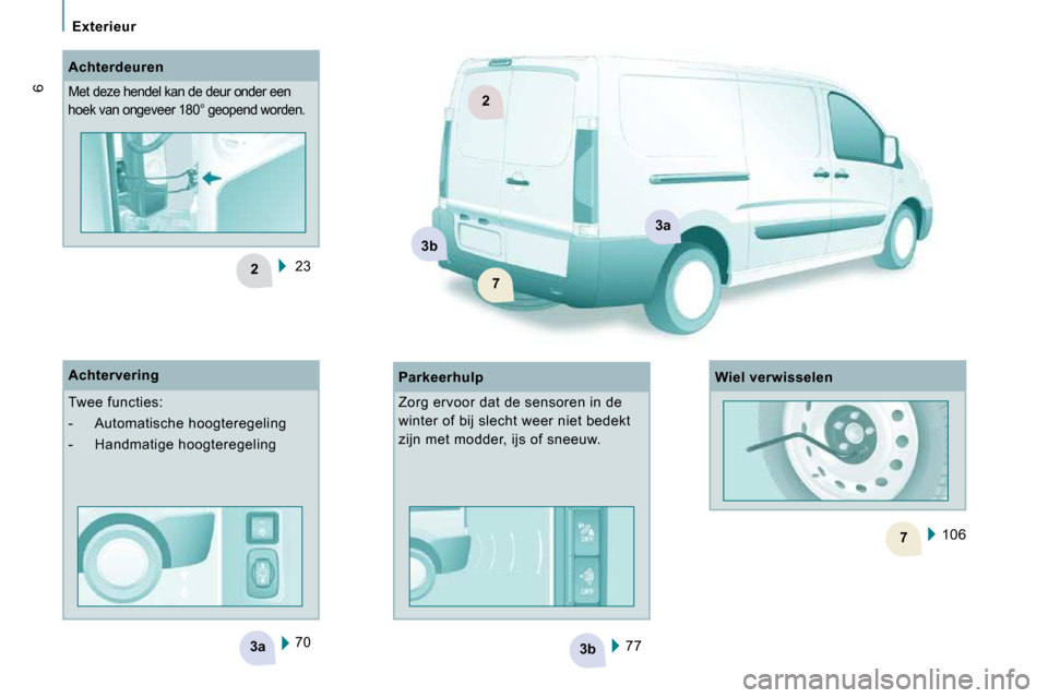 Peugeot Expert VU 2009 Handleiding (in Dutch) 3b3a
2
7
2
3a
3b
7
Exterieur
6
77
70
Achterdeuren
Met deze hendel kan de deur onder een
hoek van ongeveer 180° geopend worden.
Parkeerhulp
Achtervering
Twee functies:
- Au Peugeot Expert VU 2009 Handleiding (in Dutch) 3b3a
2
7
2
3a
3b
7
Exterieur
6
77
70
Achterdeuren
Met deze hendel kan de deur onder een
hoek van ongeveer 180° geopend worden.
Parkeerhulp
Achtervering
Twee functies:
- Au