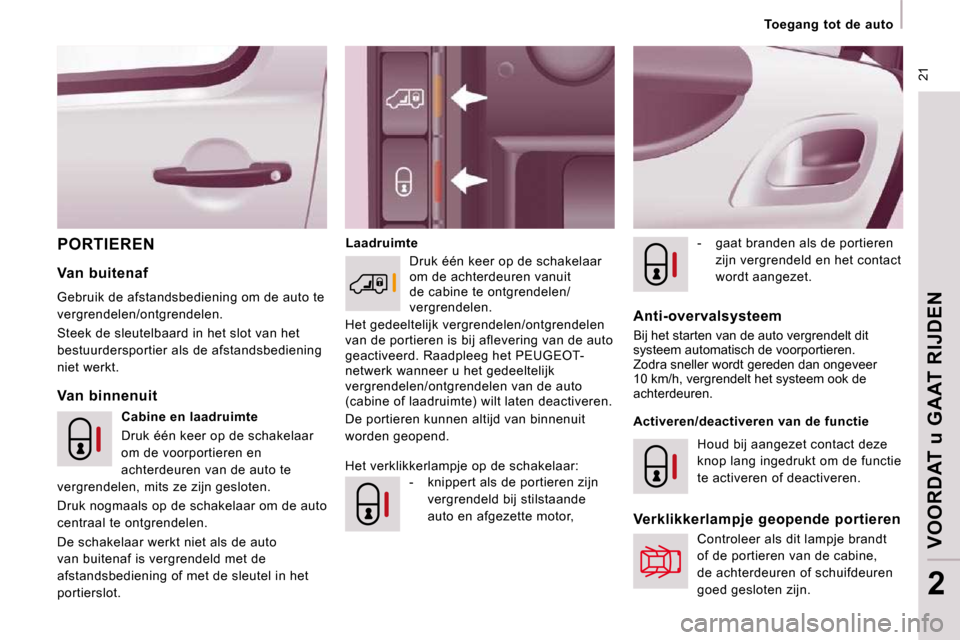 Peugeot Expert VU 2009  Handleiding (in Dutch)  21
   Toegang  tot  de  auto   
VOORDAT u GAAT RIJDEN
2
 PORTIEREN   Laadruimte   -   gaat branden als de portieren 
zijn vergrendeld en het contact  
wordt aangezet.    
  Van  binnenuit 
  Van  bui