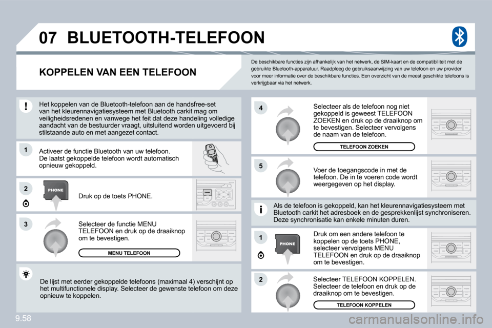 Peugeot Expert VU 2009  Handleiding (in Dutch) 9.58
�0�7
1
�3
�5
4
�2
1
�2
 De beschikbare functies zijn afhankelijk van het netwerk, de SIM-kaart en de compatibiliteit met de gebruikte Bluetooth-apparatuur. Raadpleeg de gebrui ksaanwijzing van uw