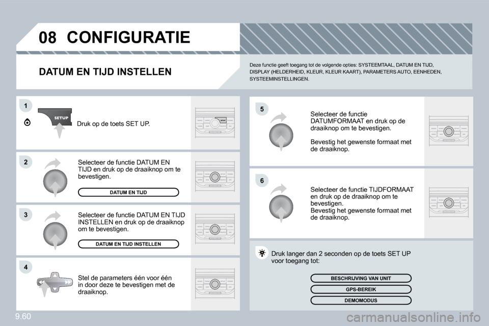 Peugeot Expert VU 2009  Handleiding (in Dutch) 9.60
�0�8
�5
�6
1
�2
�3
4
 CONFIGURATIE 
  DATUM EN TIJD INSTELLEN 
 Deze functie geeft toegang tot de volgende opties: SYSTEEMTAAL, DATUM EN TIJD, �D�I�S�P�L�A�Y� �(�H�E�L�D�E�R�H�E�I�D�,� �K�L�E�U�R