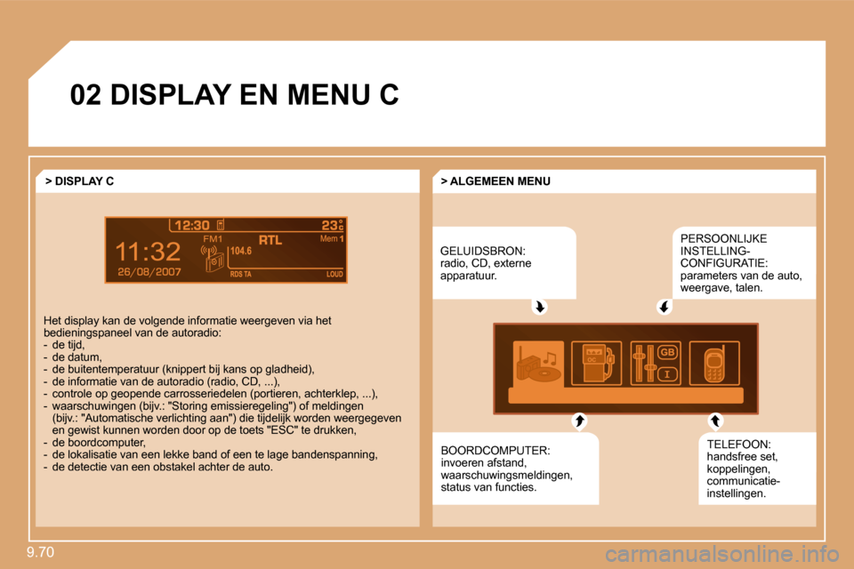 Peugeot Expert VU 2009  Handleiding (in Dutch) 9.70 
7
�0�2 DISPLAY EN MENU C 
 GELUIDSBRON: radio, CD, externe apparatuur. 
 PERSOONLIJKE INSTELLING-CONFIGURATIE: parameters van de auto, weergave, talen. 
 TELEFOON: handsfree set, koppelingen, co