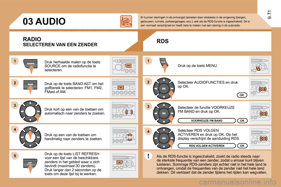 Peugeot Expert VU 2009  Handleiding (in Dutch) 11
�2�2
�3�3
44
�2�2
44
�3�3
11
�0�3
�5�5
9.71
     AUDIO 
  RADIO 
 Druk herhaalde malen op de toets SOURCE om de radiofunctie te selecteren. 
 Druk op de toets BAND AST om het golfbereik te selecter