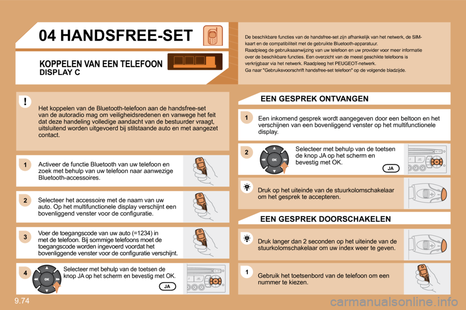 Peugeot Expert VU 2009  Handleiding (in Dutch) 9.74 
11
�2�2
�3�3
11
�2�2
4411
04 HANDSFREE-SET 
 Het koppelen van de Bluetooth-telefoon aan de handsfree-set van de autoradio mag om veiligheidsredenen en vanwe ge het feit dat deze handeling volled