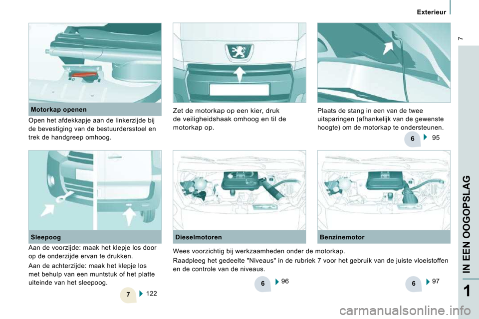 Peugeot Expert VU 2009 Handleiding (in Dutch) 6
7
6
6
7
Exterieur
IN EEN OOGOPSLAG
1
96
Dieselmotoren Benzinemotor
97
122
Sleepoog
Motorkap openen
Open het afdekkapje aan de linkerzijde bij
de bevestiging van de bestuur Peugeot Expert VU 2009 Handleiding (in Dutch) 6
7
6
6
7
Exterieur
IN EEN OOGOPSLAG
1
96
Dieselmotoren Benzinemotor
97
122
Sleepoog
Motorkap openen
Open het afdekkapje aan de linkerzijde bij
de bevestiging van de bestuur