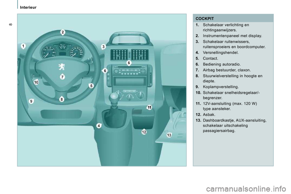 Peugeot Expert VU 2009  Handleiding (in Dutch) Interieur
8
   COCKPIT  
   
1.    Schakelaar verlichting en 
richtingaanwijzers. 
  
2.    Instrumentenpaneel met display. 
  
3.    Schakelaar ruitenwissers, 
ruitensproeiers en boordcomputer. 
  
4