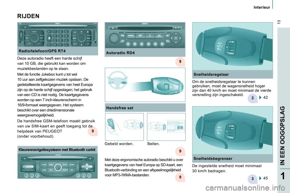 Peugeot Expert VU 2009  Handleiding (in Dutch) 3
9
9
9
3
9
 13
Interieur
IN EEN OOGOPSLAG
1
  Snelheidsbegrenzer  45   
  RIJDEN 
  Handsfree set 
  Radio/telefoon/GPS RT4 
 Gebeld worden.   Bellen.    42  
  Snelheidsregelaar 
 De ingestelde snel