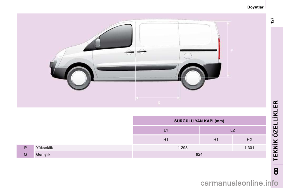 Peugeot Expert VU 2009  Kullanım Kılavuzu (in Turkish)    Boyutlar   
�T�E�K�N�İ�K� �Ö�Z�E�L�L�İ�K�L�E�R
8
   
�S�Ü�R�G�Ü�L�Ü� �Y�A�N� �K�A�P�I� �(�m�m�)    
  L1     L2  
  H1     H1     H2  
  P     Yükseklik     1 293     1 301  
  Q   � � �G�e�