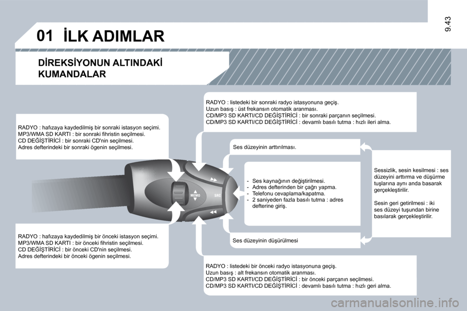 Peugeot Expert VU 2009  Kullanım Kılavuzu (in Turkish) �0�1
�9�.�4�3
� �R�A�D�Y�O� �:� �h�a�f�ı�z�a�y�a� �k�a�y�d�e�d�i�l�m�i�ş� �b�i�r� �ö�n�c�e�k�i� �i�s�t�a�s�y�o�n� �s�e�ç�i�m�i�.� � �M�P�3�/�W�M�A� �S�D� �K�A�R�T�I� �:� �b�i�r� �ö�n�c�e�k�i� �